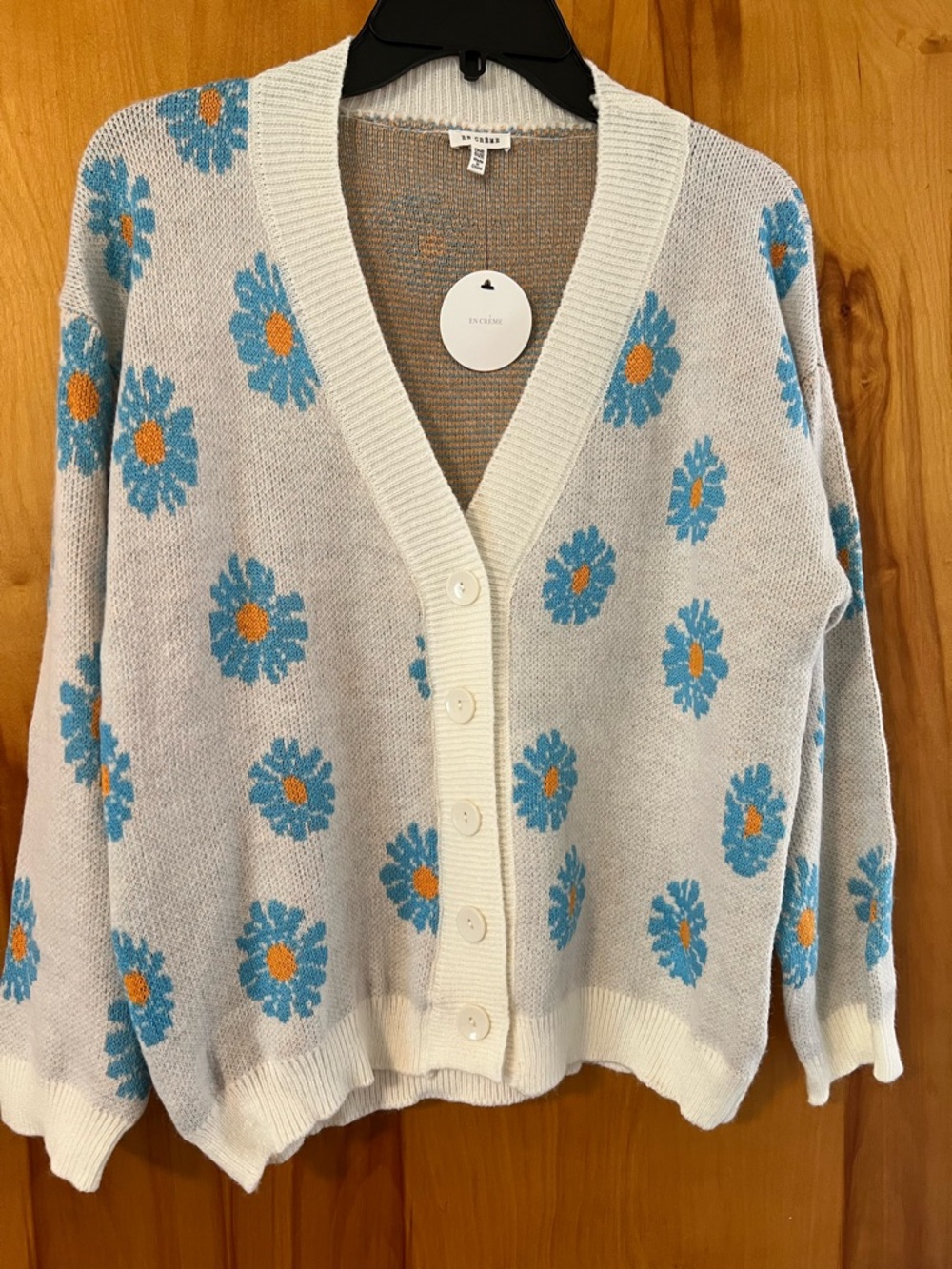 En Creme Cream Cardigan with Blue and Orange Daisy Pattern Oversized